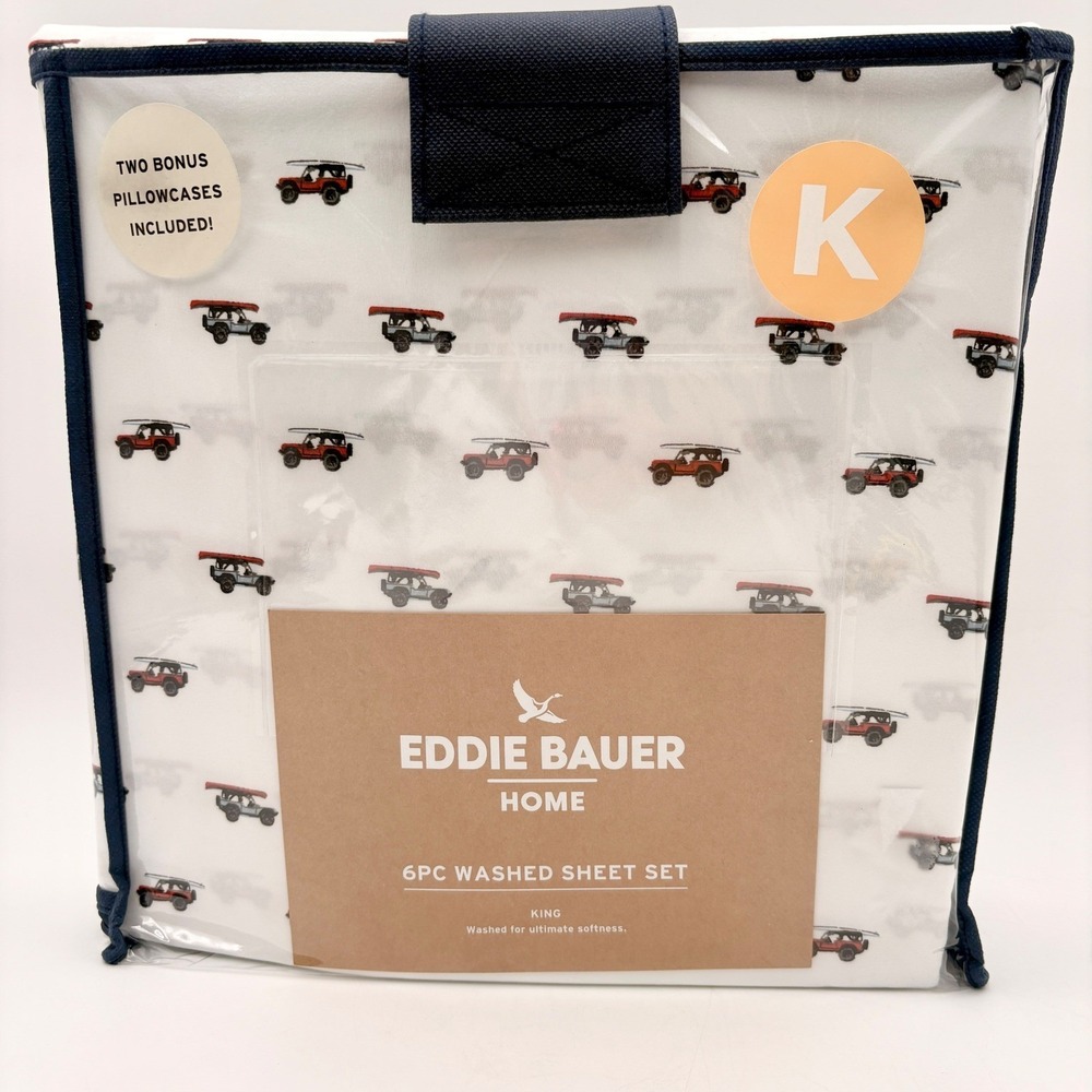 Eddie Bauer King Sheet Set 6PC Out to the Beach Blue Canoe Off-Road  NEW
